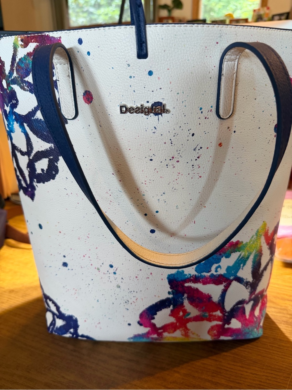 Desigual White Multicolor Splash Tote with Navy Handles